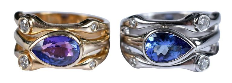 Pair of 14k Gold Tanzanite and Diamond Rings