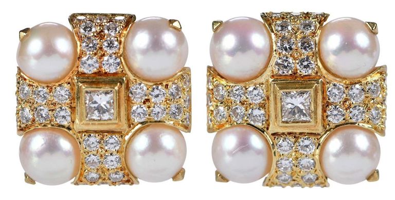 18k Gold Diamond and Pearl Earrings