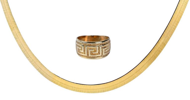 14k Gold Herringbone Chain and Greek Key Ring
