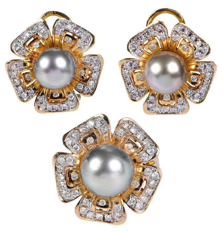 14k Gold Pearl and Diamond Jewelry Set
