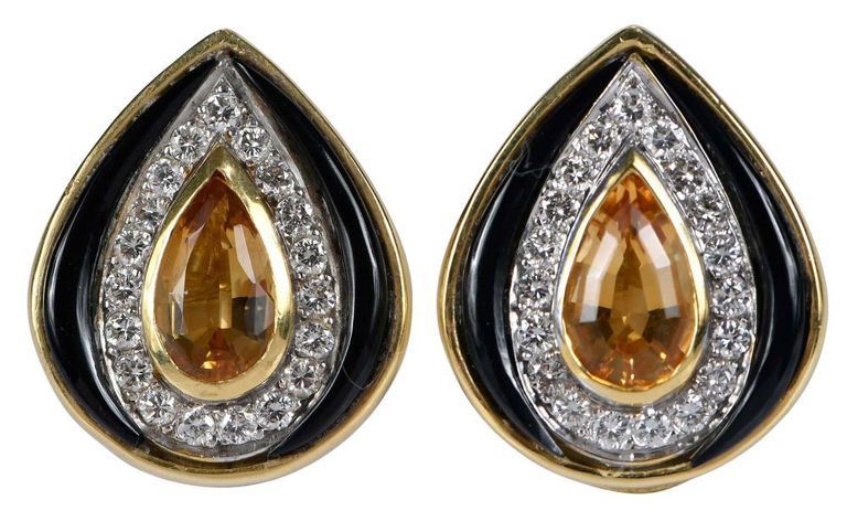 14k Gold Citrine, Diamond, and Onyx Earrings