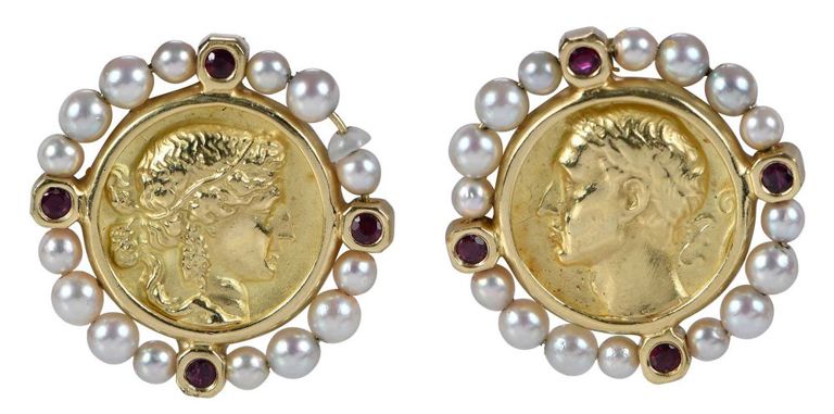 18k Gold Ruby and Pearl Coin Style Earrings