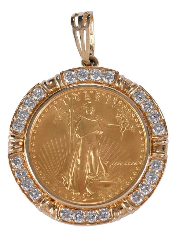 14k Gold Diamond Liberty Coin Pendant
