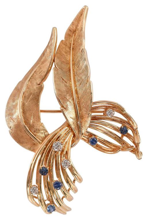 14k Gold Vintage Diamond and Sapphire Brooch