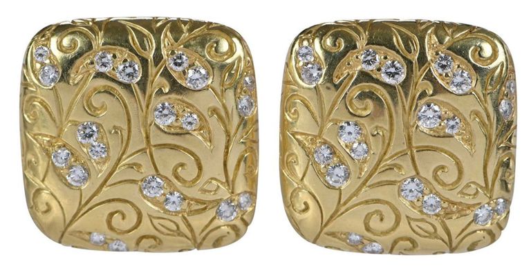 18k Gold Foliate Engraved Diamond Earrings