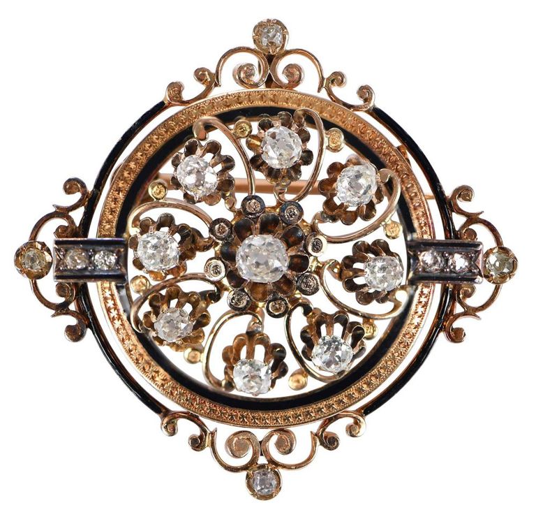 18k Gold Diamond and Enamel Brooch