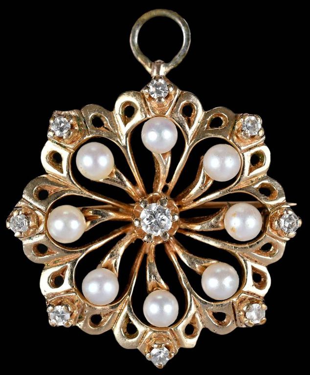 14k Gold Pearl and Diamond Flower Brooch/Pendant