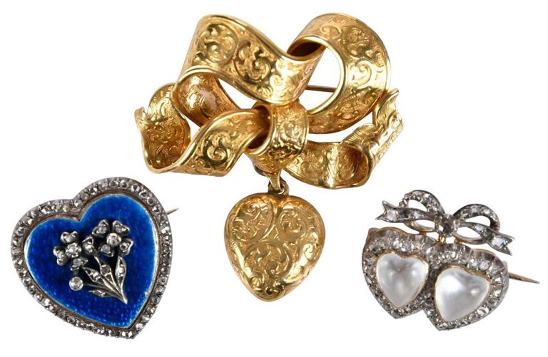Set of Three Gold and Silver Heart Brooches