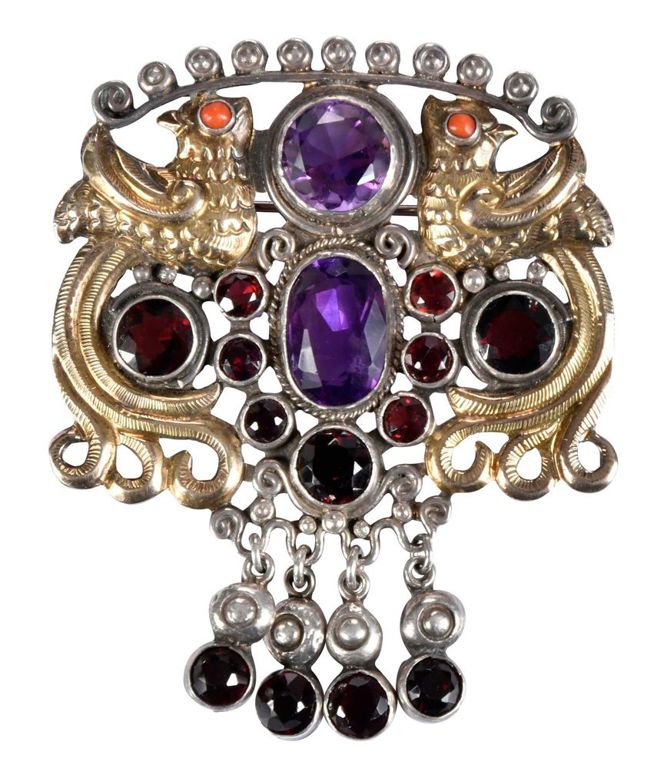 Sterling Amethyst Garnet and Coral Brooch