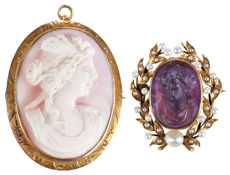 Set of 2 Gold Cameo Brooch/Pendants