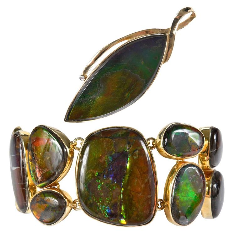 14k Gold Ammolite Pendant and Silver Bracelet