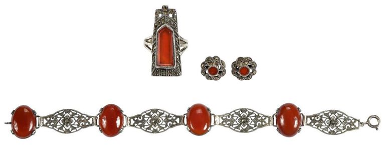 Carnelian Marcasite Ring Earrings and Bracelet