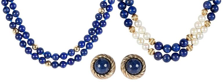 Set of 2 Lapis Bead Necklaces and Earrings
