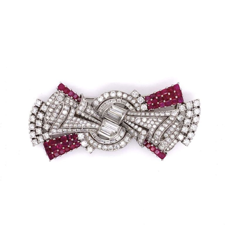 Platinum Ruby and Diamond Bow Brooch
