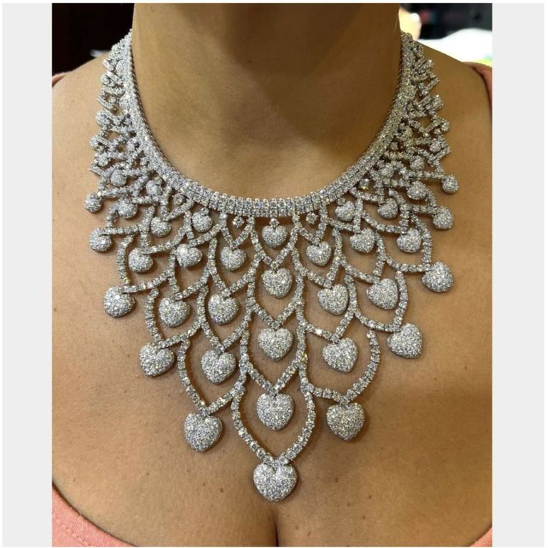 18k White Gold Diamond Heart Bib Necklace