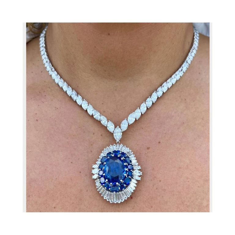 Platinum Sapphire and Diamond Pendant Necklace