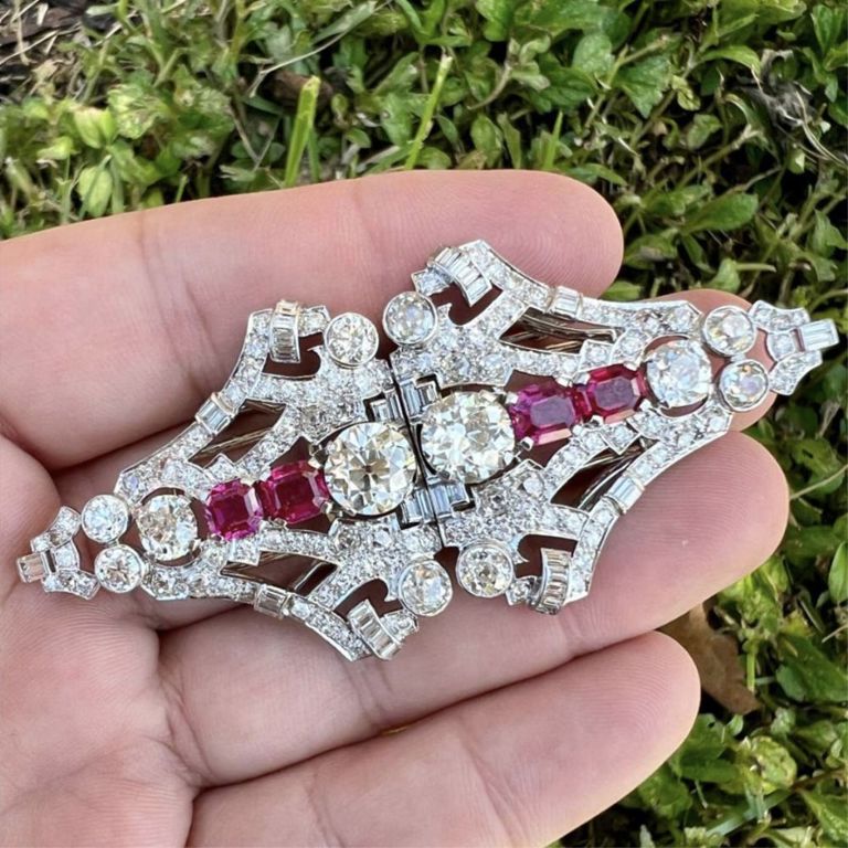 Platinum Ruby and Diamond Double Clip Brooch