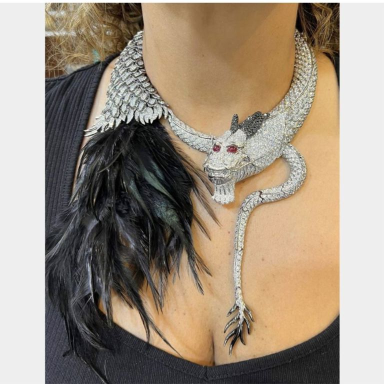 18k White Gold Diamond and Ruby Dragon Necklace