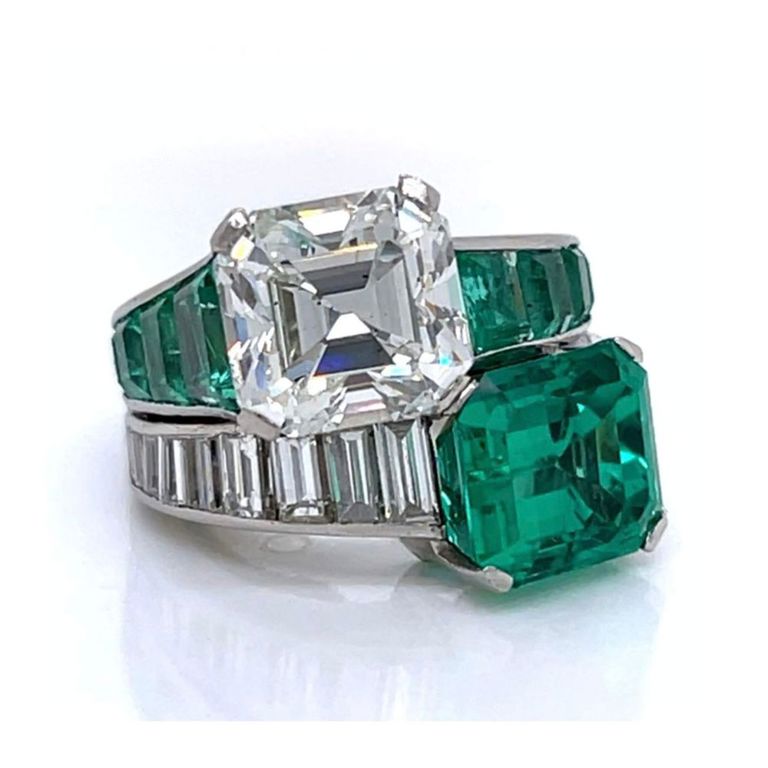 Platinum Diamond and Emerald Bypass Ring