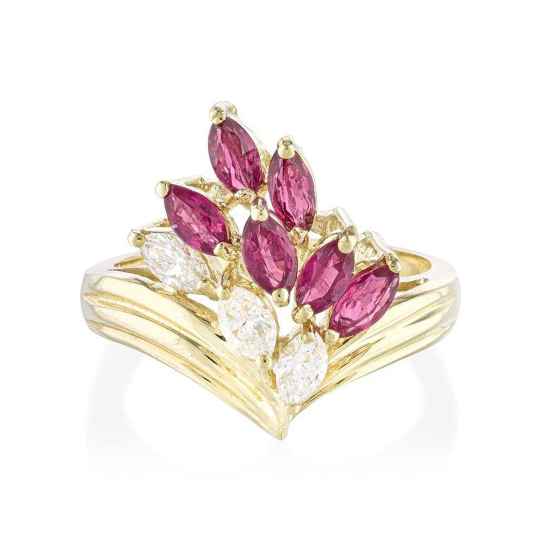 14k Yellow Gold Ruby and Diamond Cluster Ring