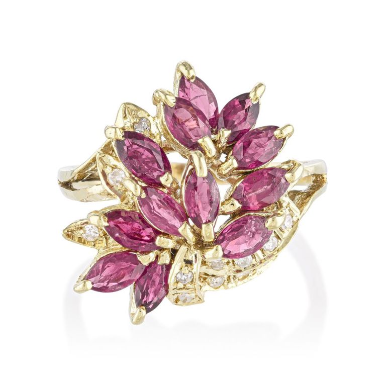 14k Yellow Gold Ruby and Diamond Cluster Ring