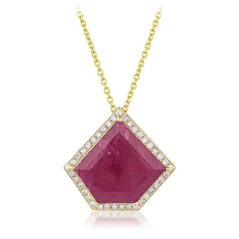 18k Yellow Gold Ruby and Diamond Pendant Necklace