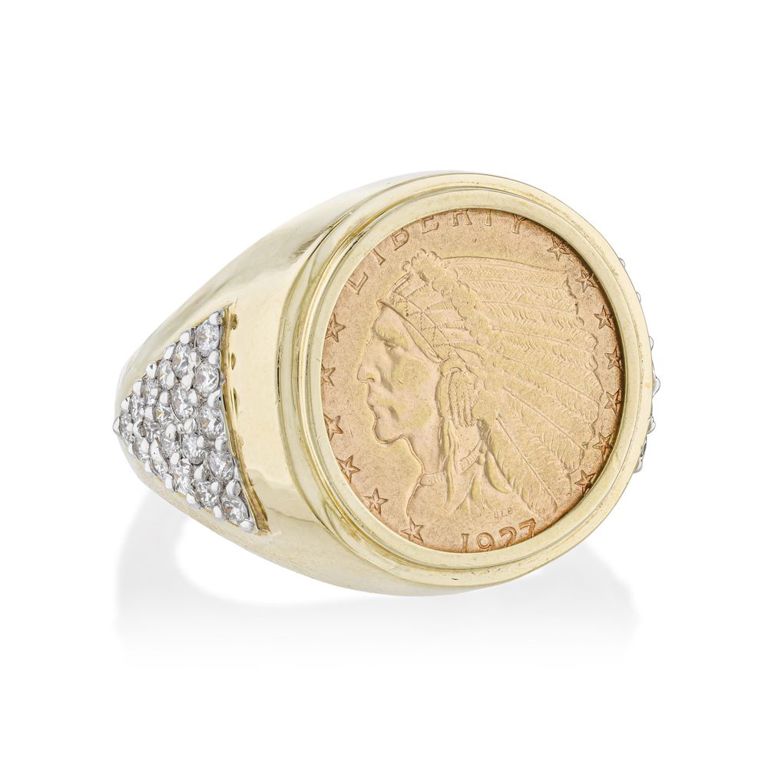14k Yellow Gold Diamond Coin Ring