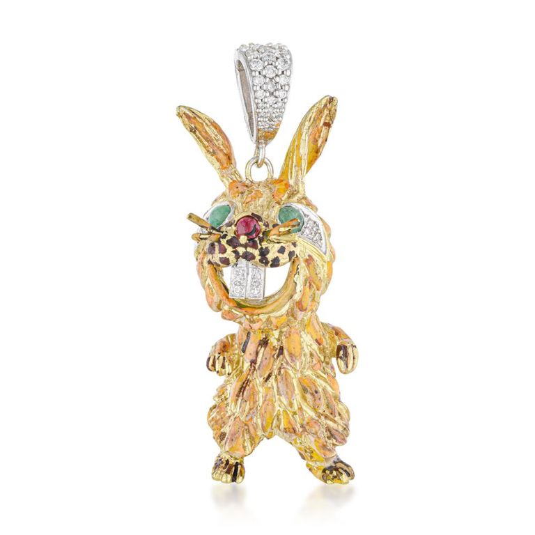 18k Gold Diamond and Enamel Rabbit Pendant