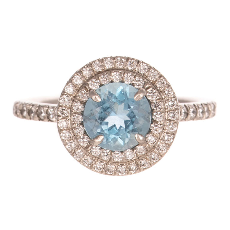 Platinum Aquamarine and Diamond Halo Ring