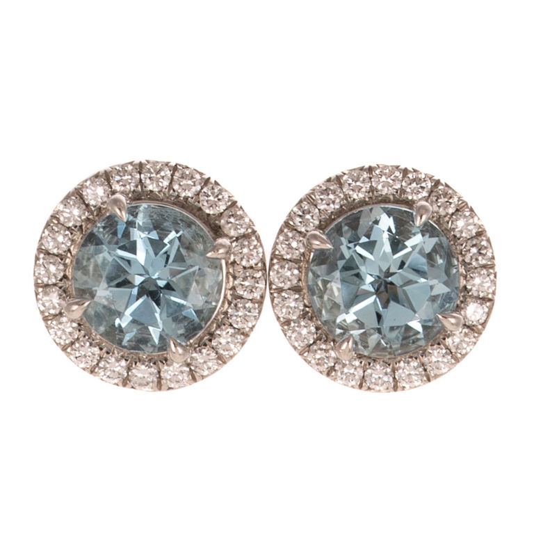 Platinum Aquamarine and Diamond Stud Earrings