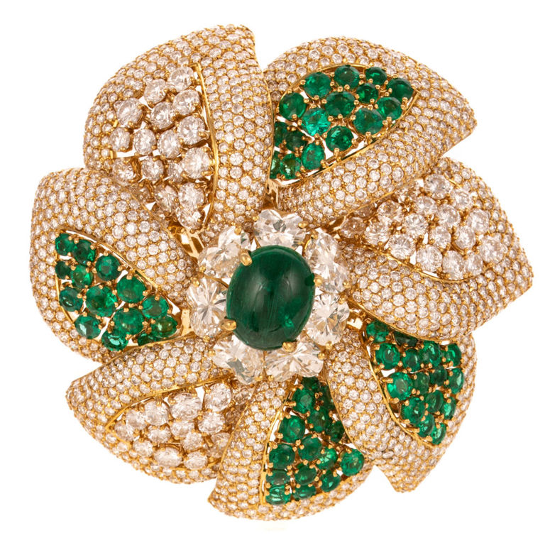 18k Yellow Gold Emerald and Diamond Floral Brooch