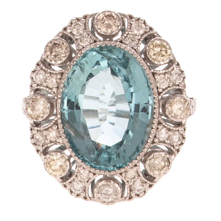 14k White Gold Aquamarine and Diamond Halo Ring