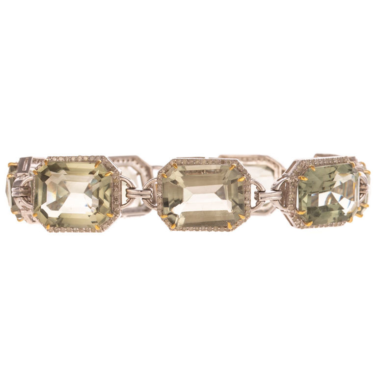 Silver and Gold Prasiolite and Diamond Bracelet