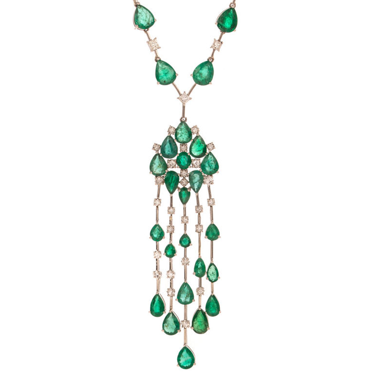 Platinum Emerald and Diamond Tassel Necklace