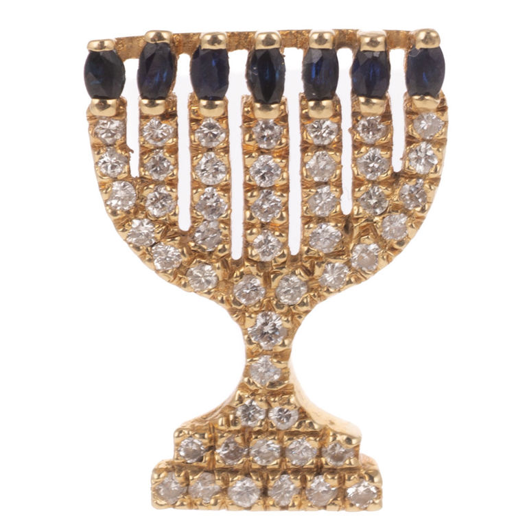 18k Gold Diamond and Sapphire Menorah Pendant