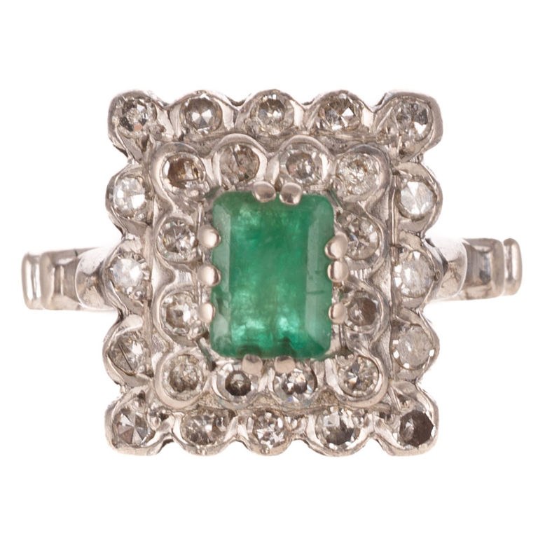 14k White Gold Emerald and Diamond Halo Ring