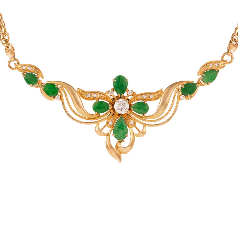 14k Yellow Gold Jade and Diamond Pendant Necklace
