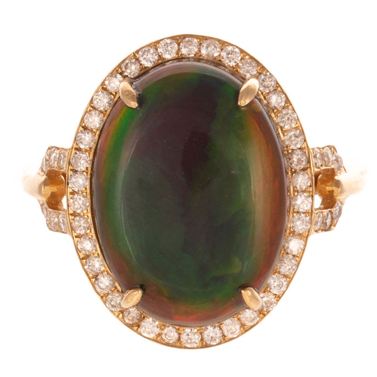 18k Yellow Gold Black Opal and Diamond Halo Ring