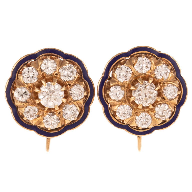 14k Yellow Gold Diamond and Enamel Earrings