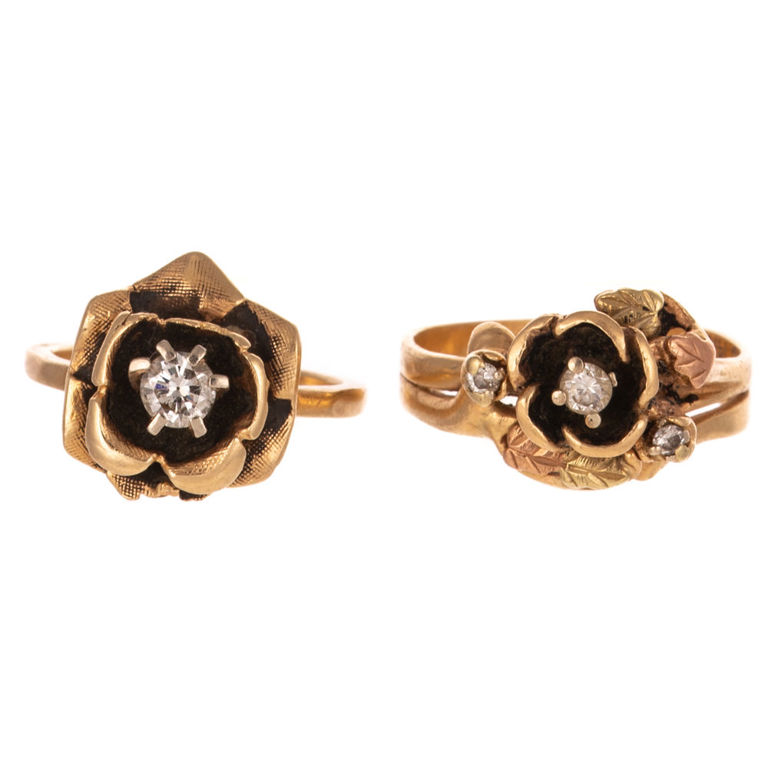 Two 14k Yellow Gold Diamond Rose Rings