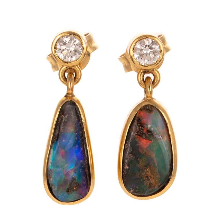 18k Yellow Gold Diamond and Opal Earrings