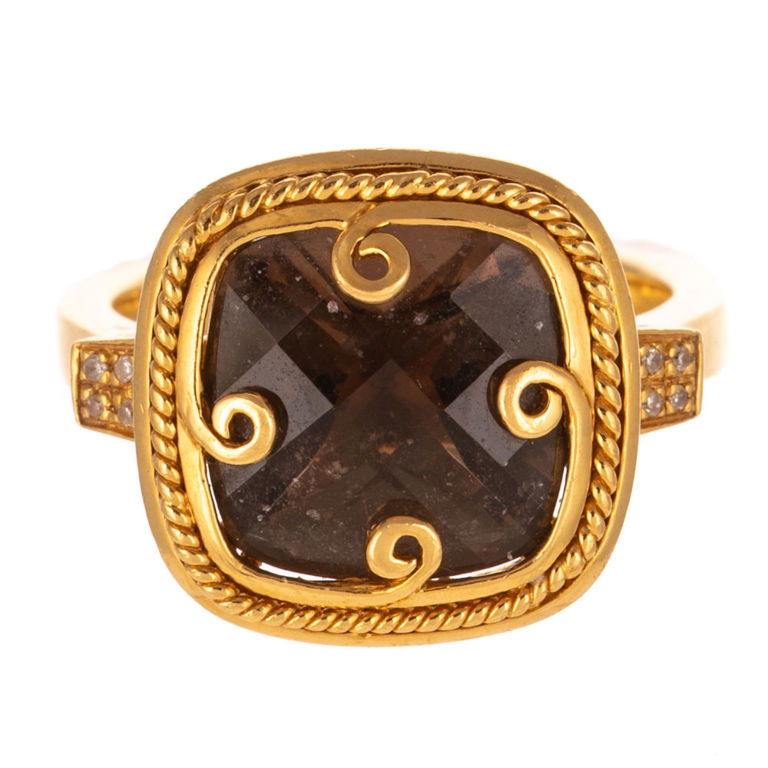 22k Yellow Gold Smoky Quartz and Diamond Ring