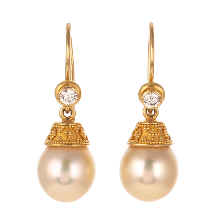 18k Yellow Gold Pearl and Diamond Dangle Earrings