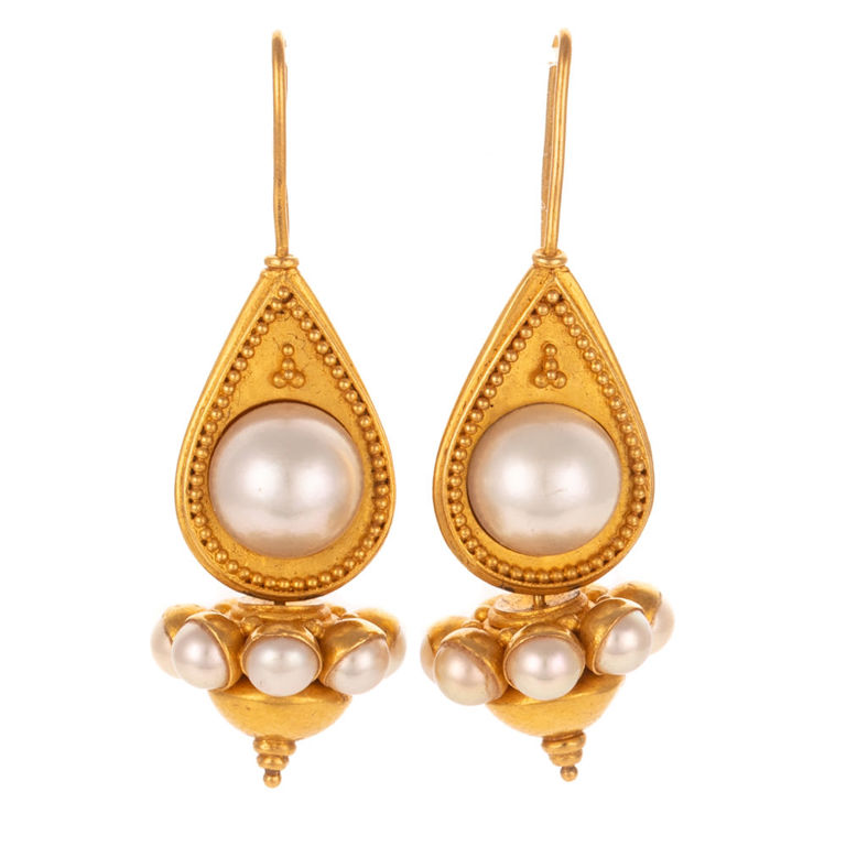 22k Yellow Gold Pearl Dangle Earrings