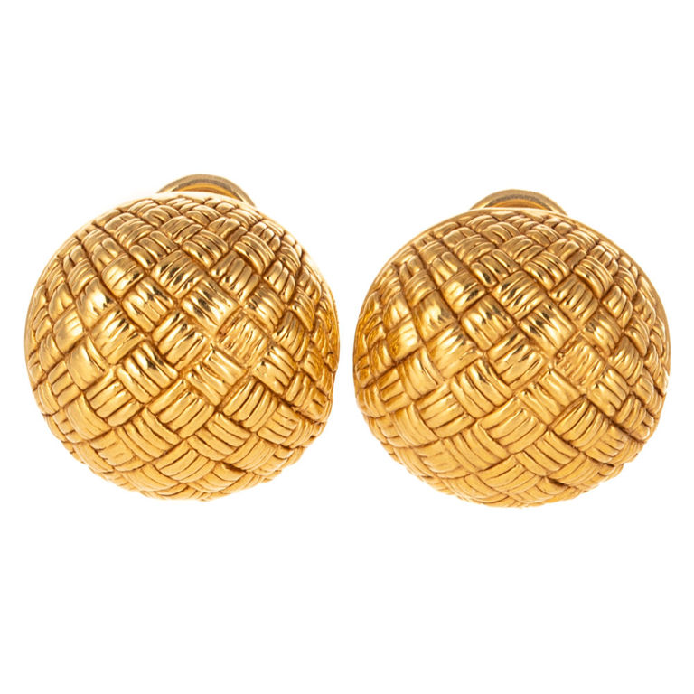 18k Yellow Gold Basket Weave Clip Earrings