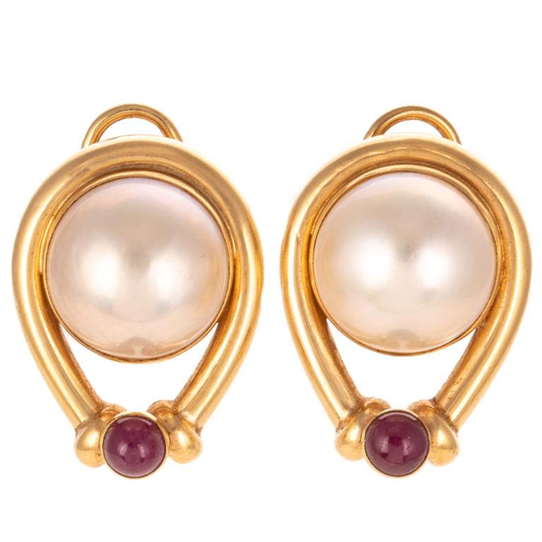 14k Yellow Gold Pearl and Ruby Earrings