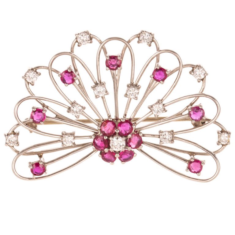 14k White Gold Diamond and Ruby Fan Brooch