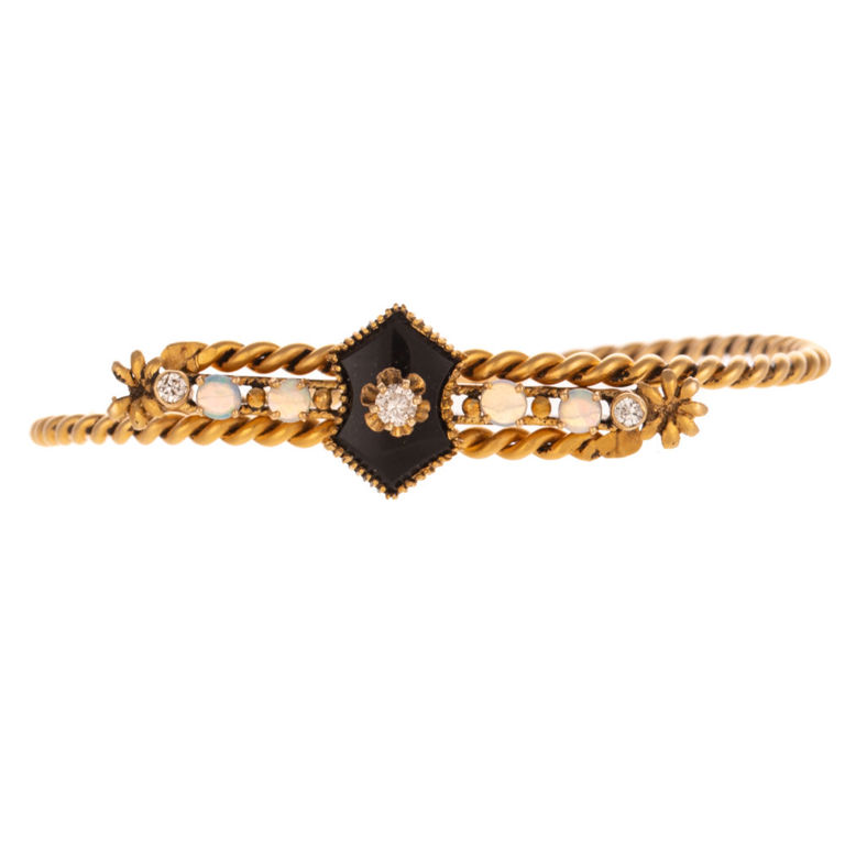 14k Yellow Gold Diamond, Opal and Onyx Bracelet