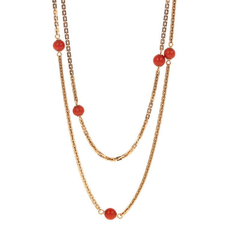 14k Yellow Gold Coral Station Necklace