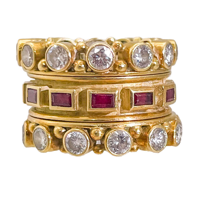18k Yellow Gold Diamond and Ruby Ring Set